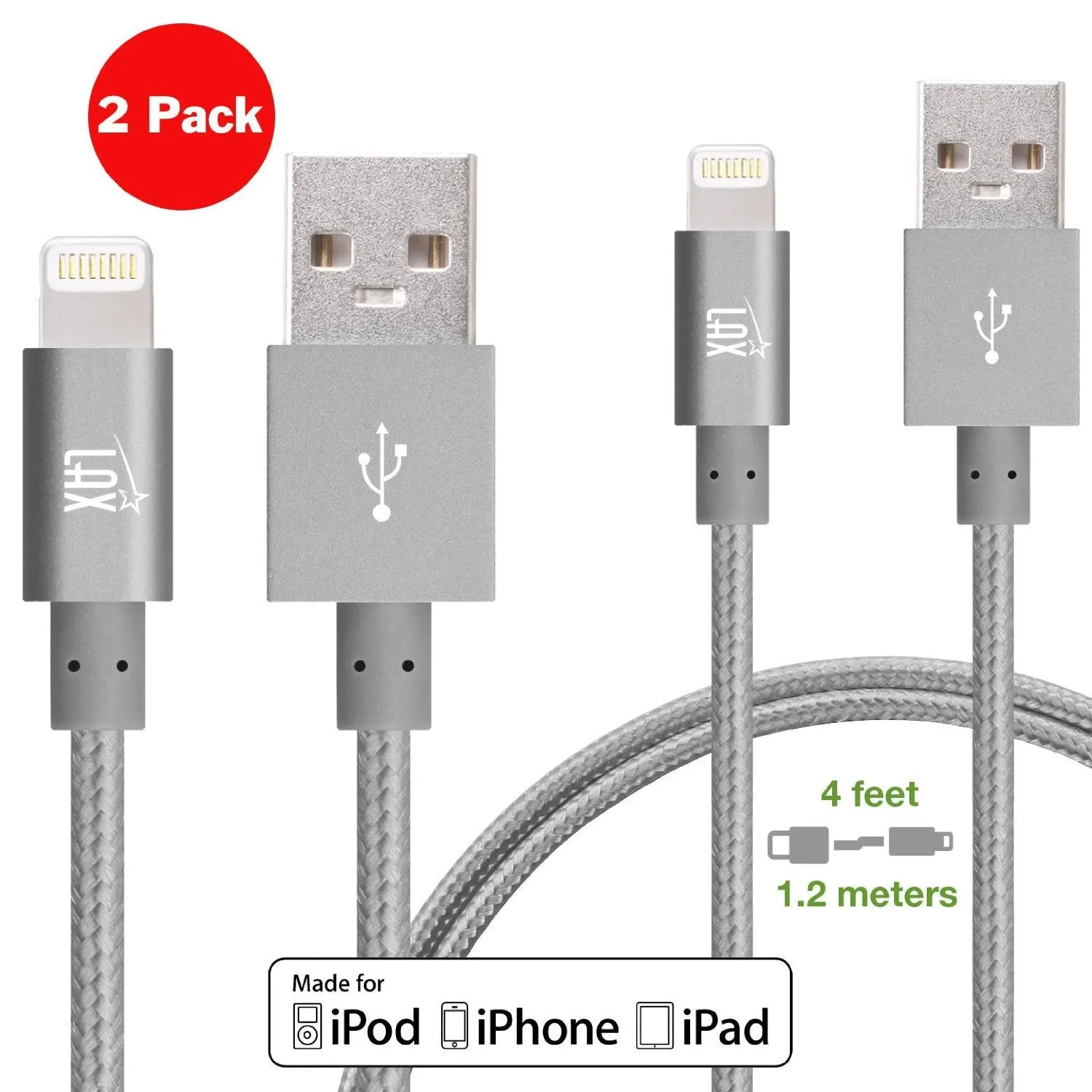 [2 Pack] iPhone charger, LAX Gadgets Lightning to USB Braided Cable (4ft) for iPhone 6s 6 Plus 5s 5c 5, iPad Pro Air 2, mini [Apple MFi Certified] (Gray)