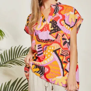 Abstract Thoughts Printed Multicolor Cap Sleeve Top