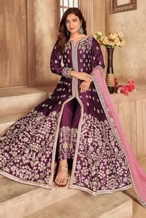 Art Silk Wine Front Slit Designer Anarkali Suit