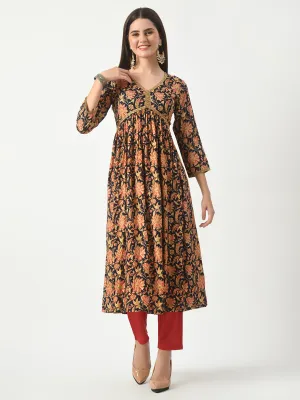 Blue Floral Printed Aliacut Kurta With Pant