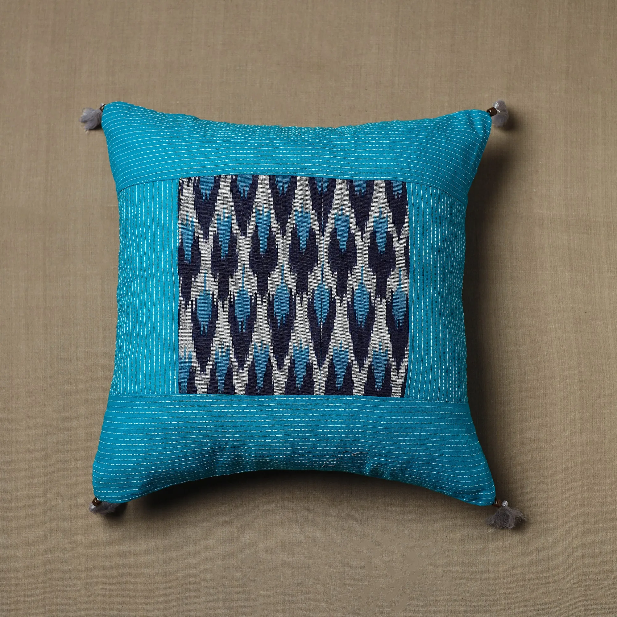 Blue - Kantha Stitch Ikat Cotton Cushion Cover (16 x 16 in) 19