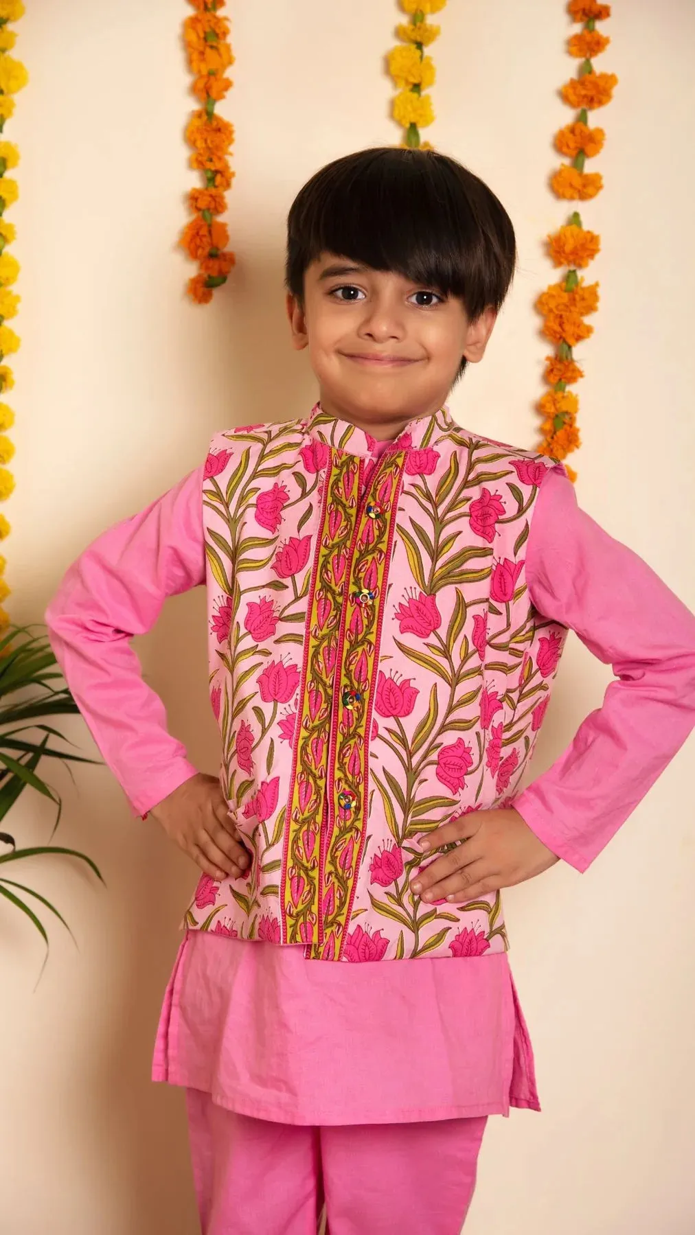 Boys Cotton Solid Pink Kurta Pant Set with Nehru Jacket