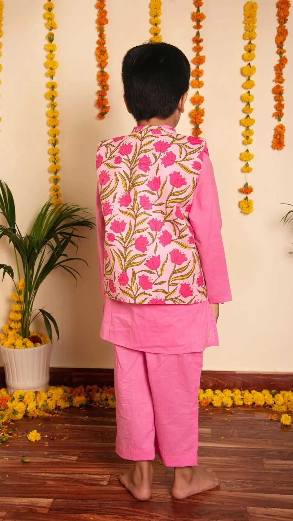 Boys Cotton Solid Pink Kurta Pant Set with Nehru Jacket