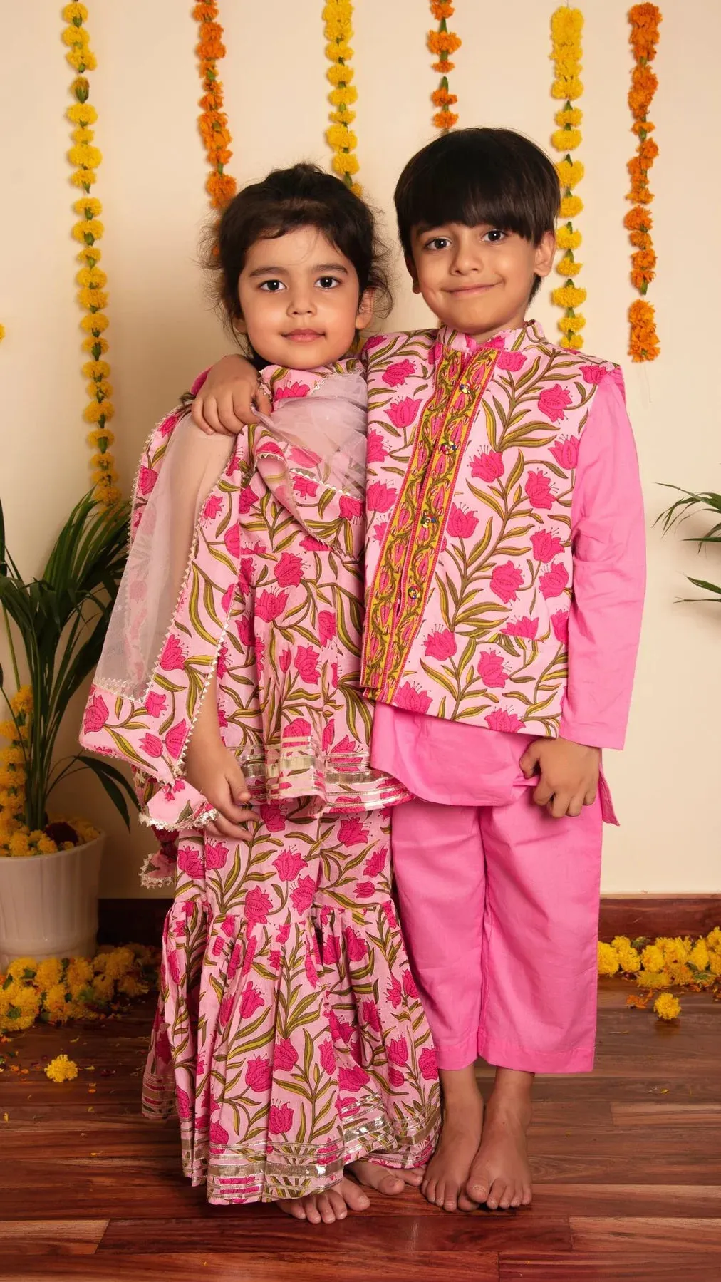 Boys Cotton Solid Pink Kurta Pant Set with Nehru Jacket