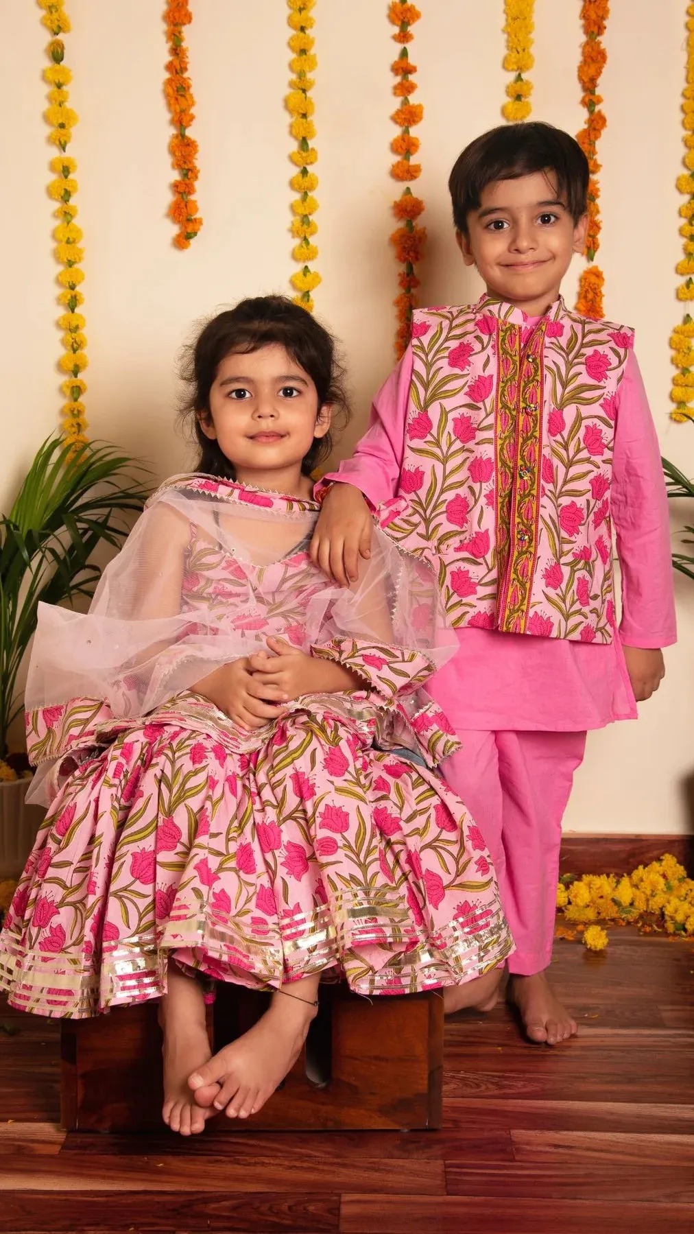 Boys Cotton Solid Pink Kurta Pant Set with Nehru Jacket