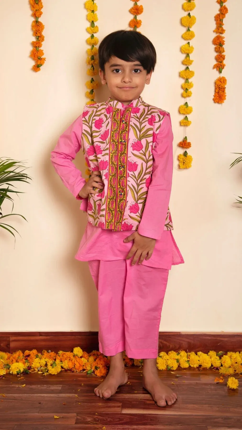 Boys Cotton Solid Pink Kurta Pant Set with Nehru Jacket