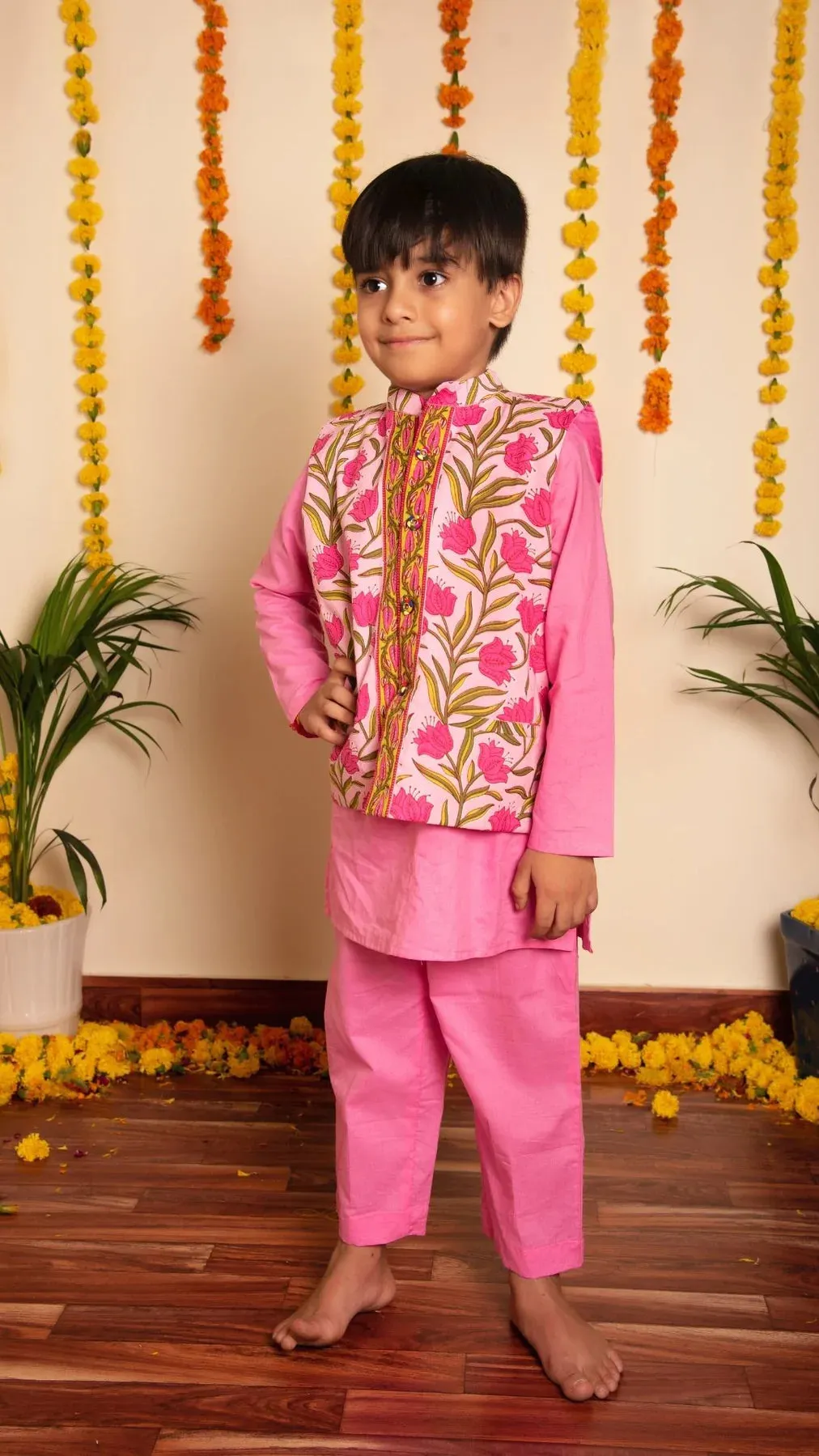 Boys Cotton Solid Pink Kurta Pant Set with Nehru Jacket