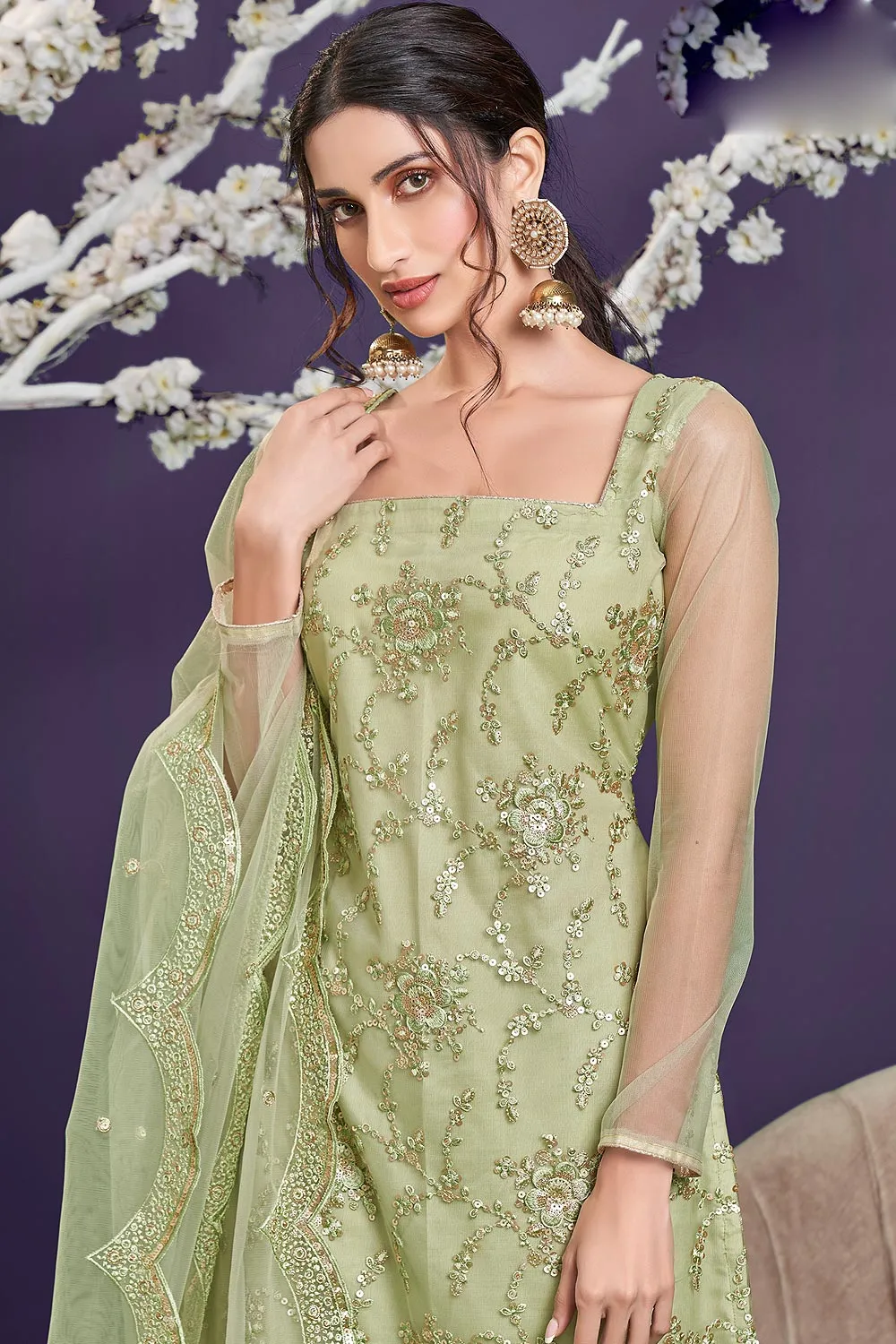 Butterfly Net Pista Green Premium Embroidered Gharara Suit