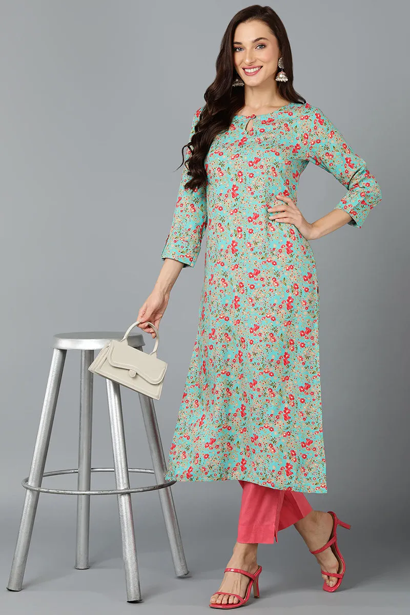 Chinon Turquoise Floral Printed Straight Kurta