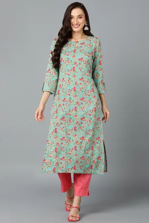 Chinon Turquoise Floral Printed Straight Kurta