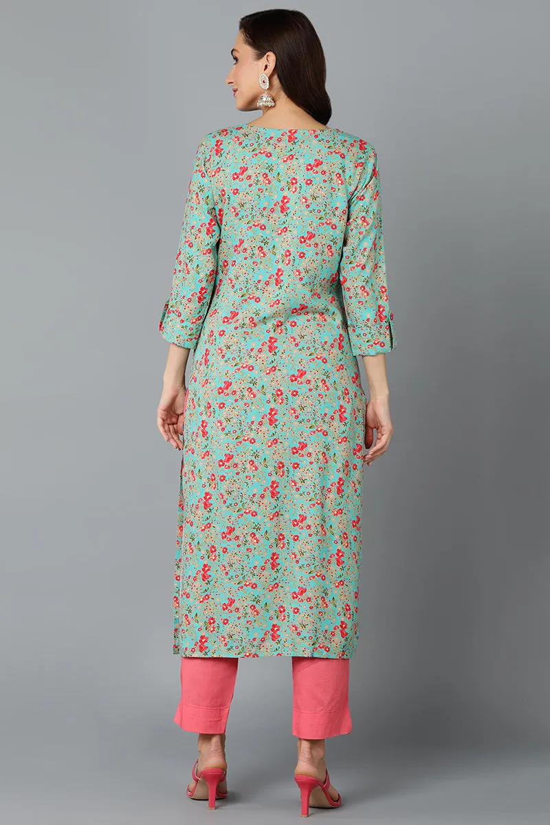 Chinon Turquoise Floral Printed Straight Kurta