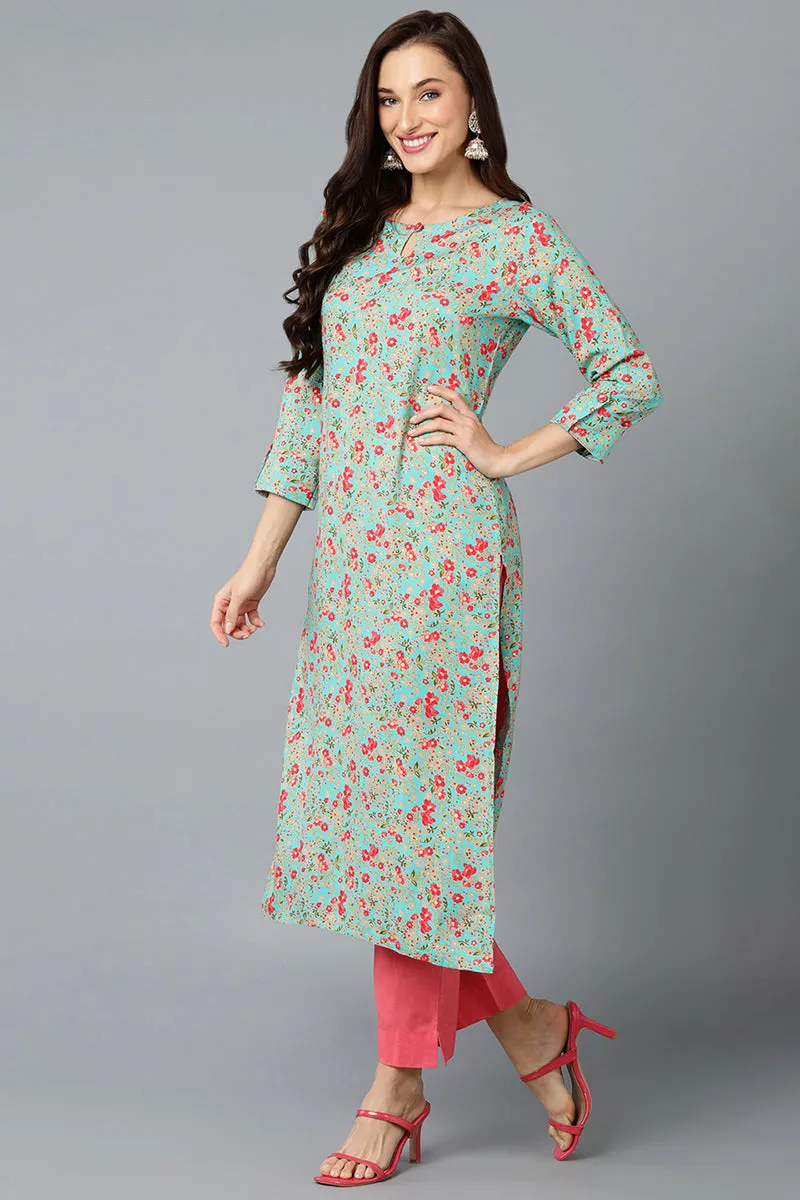 Chinon Turquoise Floral Printed Straight Kurta