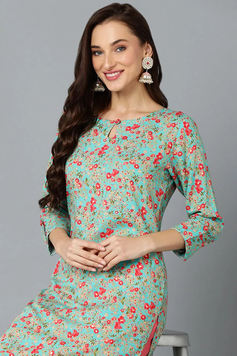 Chinon Turquoise Floral Printed Straight Kurta