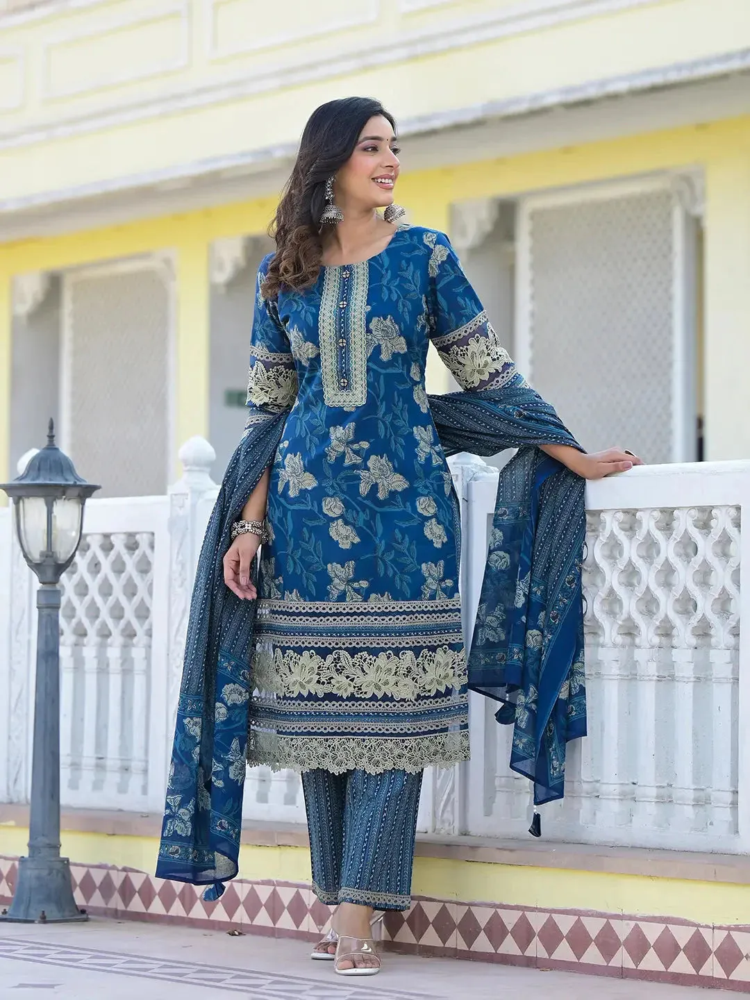 Cotton Printed Pakistani Navy Blue Kurta Dupatta Set With Lace Work