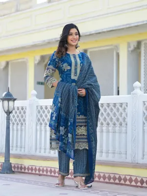 Cotton Printed Pakistani Navy Blue Kurta Dupatta Set With Lace Work