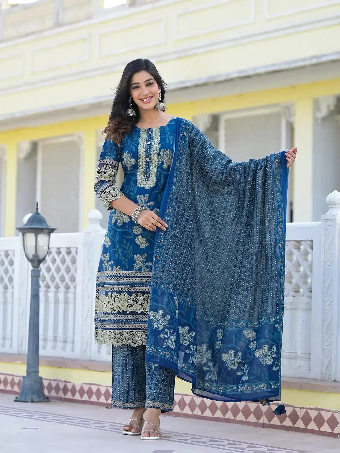 Cotton Printed Pakistani Navy Blue Kurta Dupatta Set With Lace Work