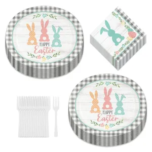 Farmhouse Easter Party Gray Plaid & Bunny Oval Paper Plates, Lunch Napkins, and Forks (Serves 16)