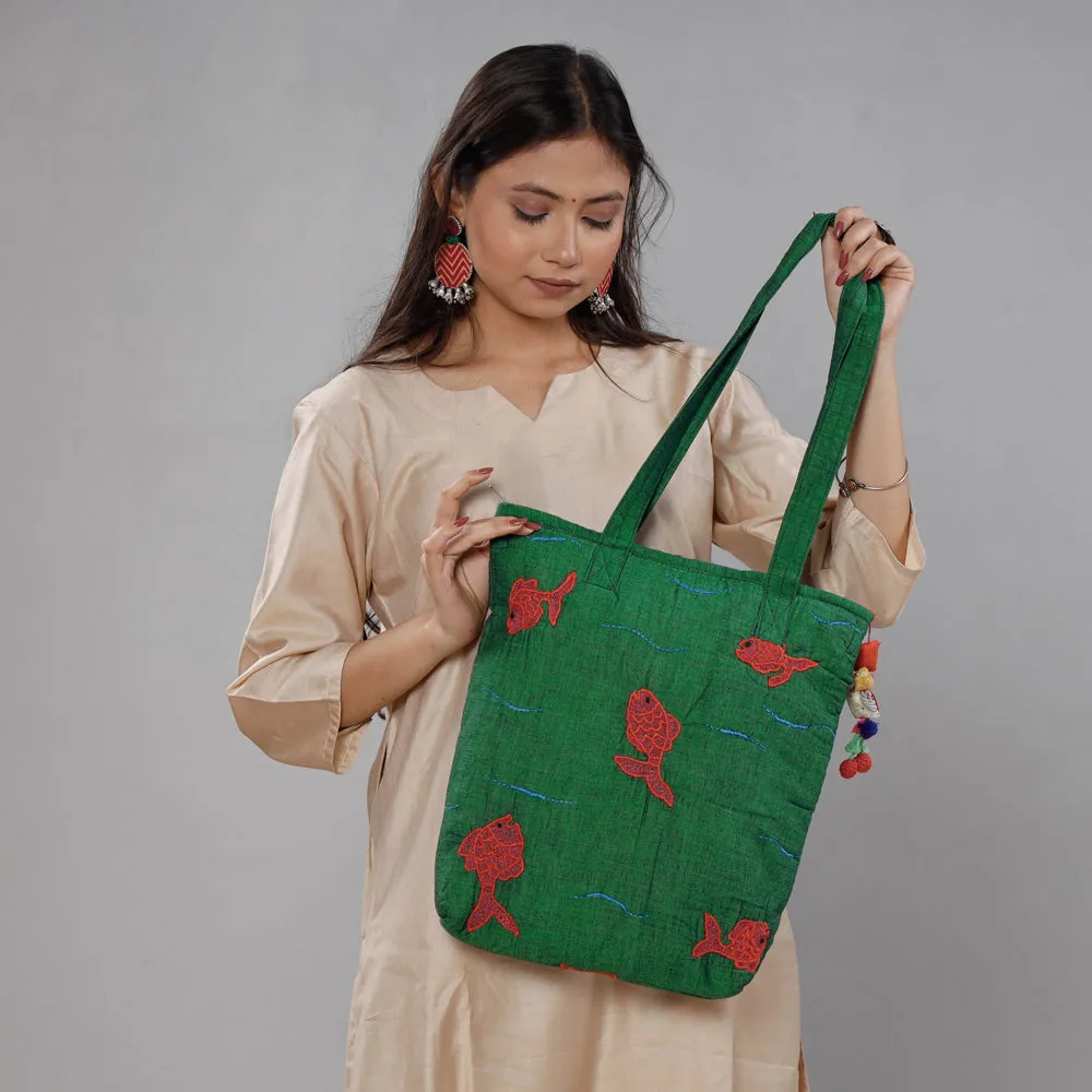 Green - Chandi Maati Kantha Work Cotton Tote Bag