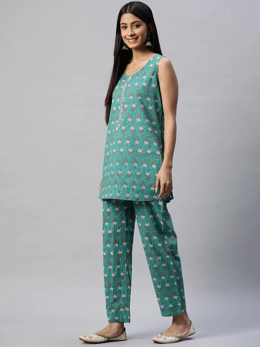 Green Cotton Floral Printed Three Piece Indowestern Kurta Pant Set With Jacket