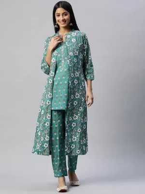 Green Cotton Floral Printed Three Piece Indowestern Kurta Pant Set With Jacket