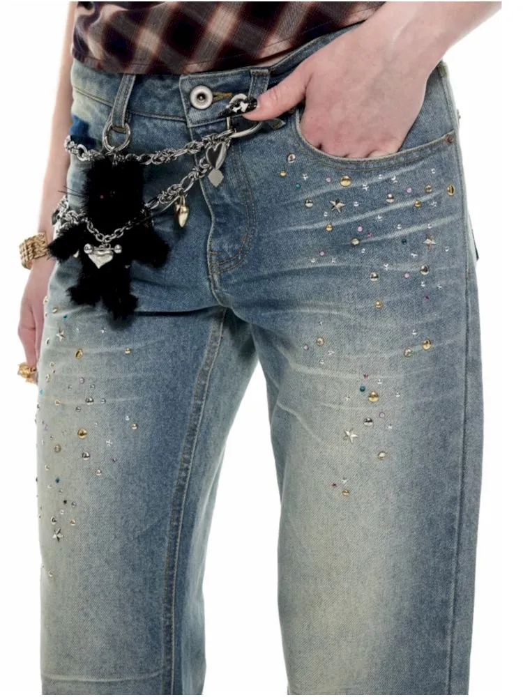 Heavy work rivets washed blue jeans【s0000009421】