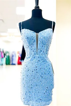 Light Blue Cocktail Dress Straps Sheath Beaded Sequined Cocktail Dresses Wedding