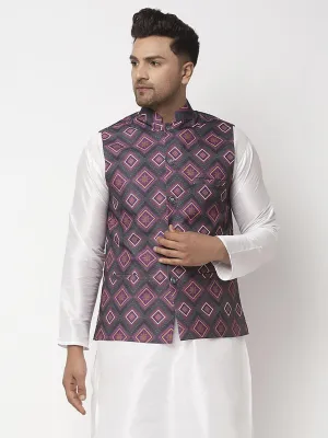 Men's Charcoal Grey & Purple Printed Nehru Jacket - Benstoke