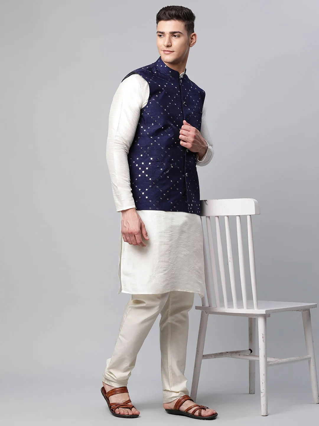 Men's Navy Mirror Work Embroidered Nehru Jacket