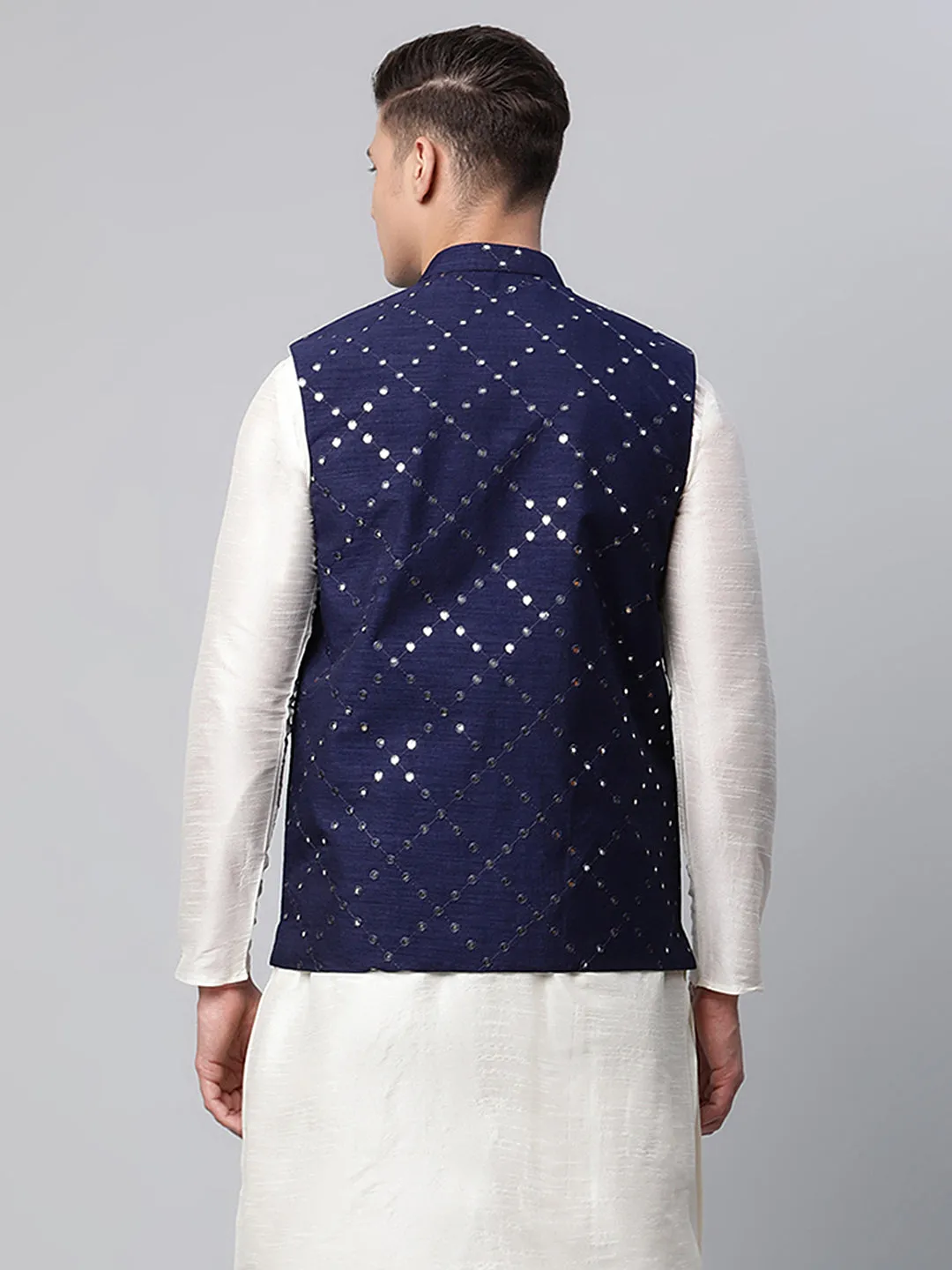 Men's Navy Mirror Work Embroidered Nehru Jacket