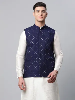 Men's Navy Mirror Work Embroidered Nehru Jacket