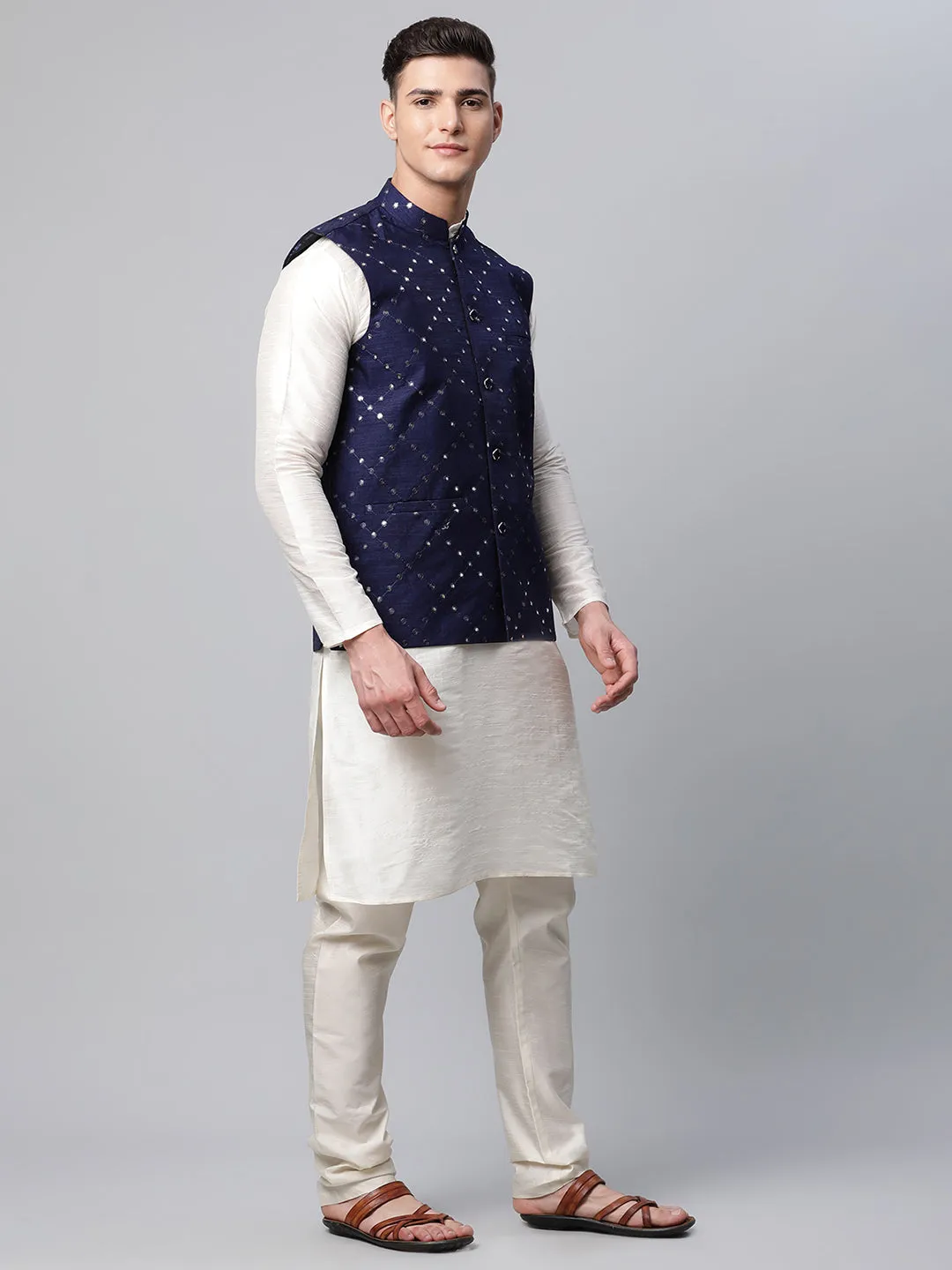 Men's Navy Mirror Work Embroidered Nehru Jacket