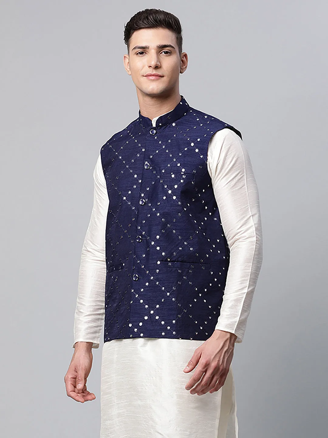 Men's Navy Mirror Work Embroidered Nehru Jacket