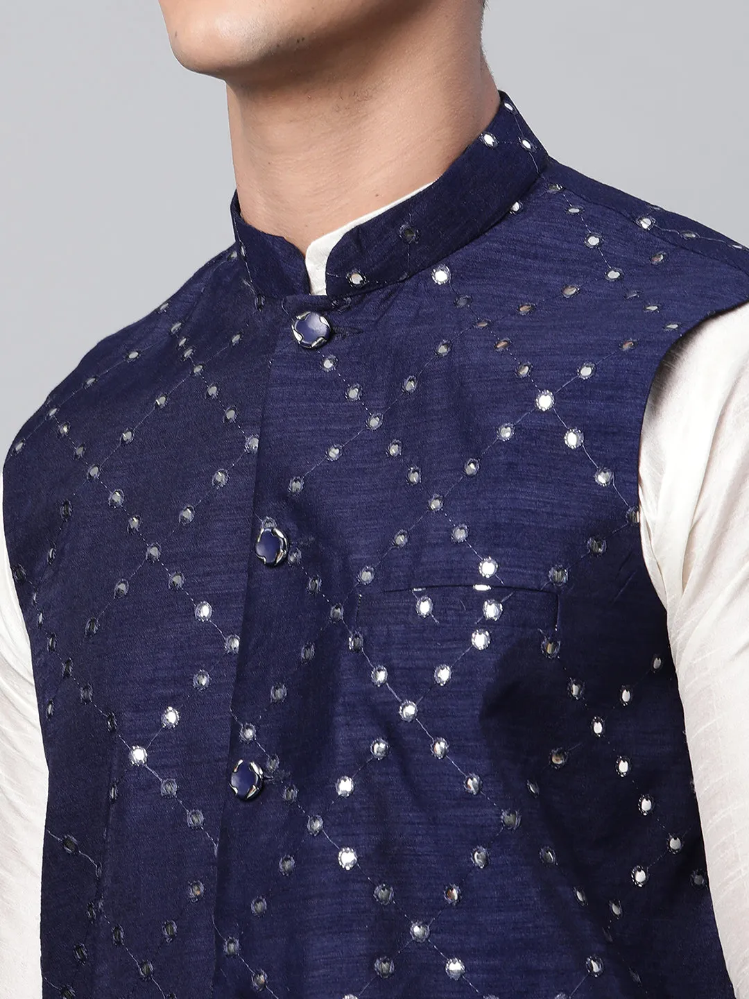 Men's Navy Mirror Work Embroidered Nehru Jacket