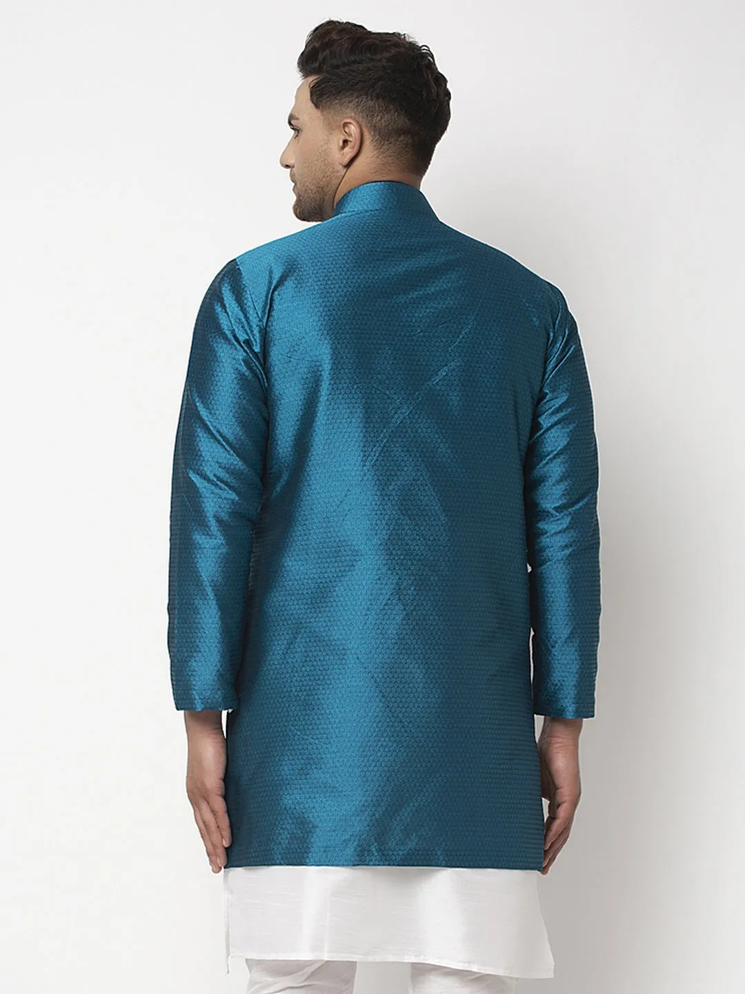 Men's Peacock Blue Self Design Sherwani Jacket - Benstoke