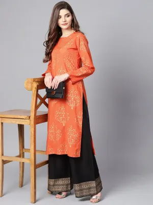 Orange Printed Kurta Set With Dark Brown Bordered Palazzo