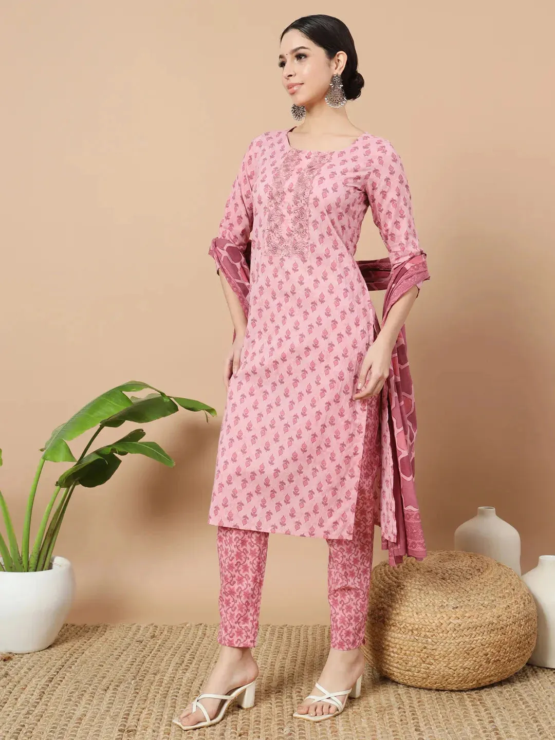 Pink Block Print,Thread_Work Straight Kurta Trouser And Dupatta Set