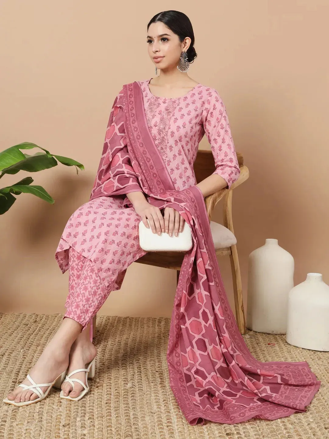 Pink Block Print,Thread_Work Straight Kurta Trouser And Dupatta Set