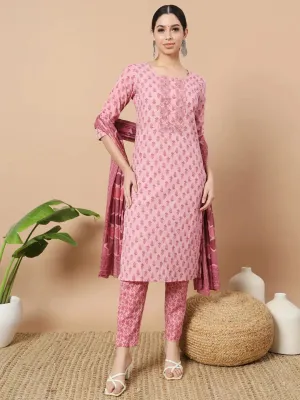 Pink Block Print,Thread_Work Straight Kurta Trouser And Dupatta Set