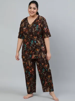 Plus Size Women Brown Floral Printed Night Suit With Half Sleeves