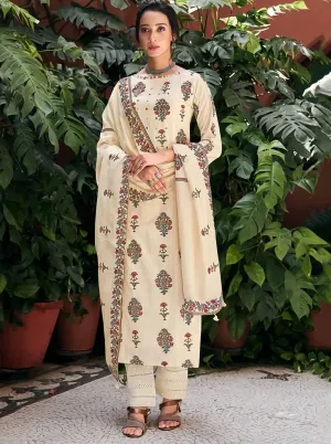 Pure Cotton Unstitched Beige Salwar Kameez Suit Set With Print