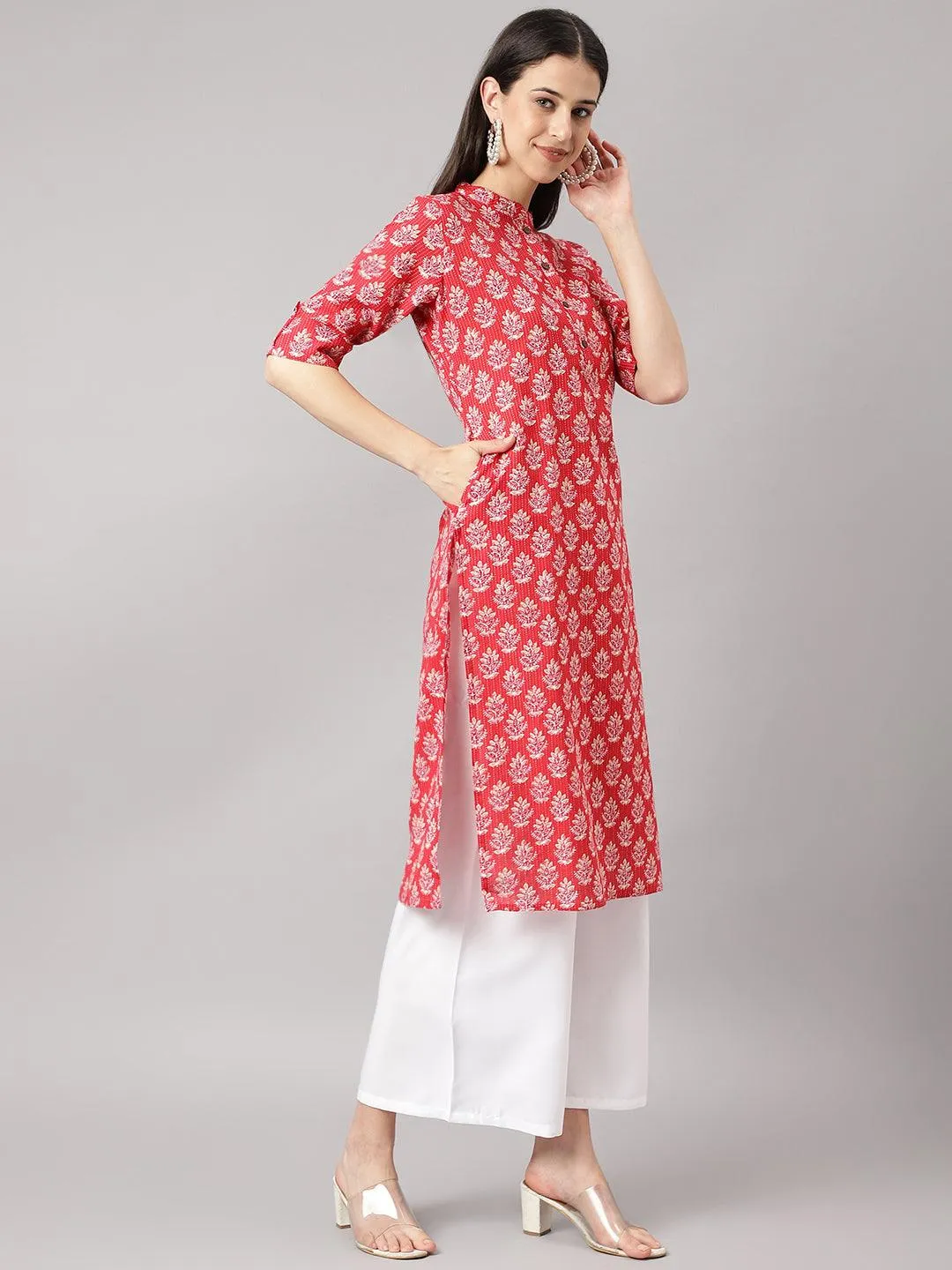 Red Cotton Katha Work Straight Kurta