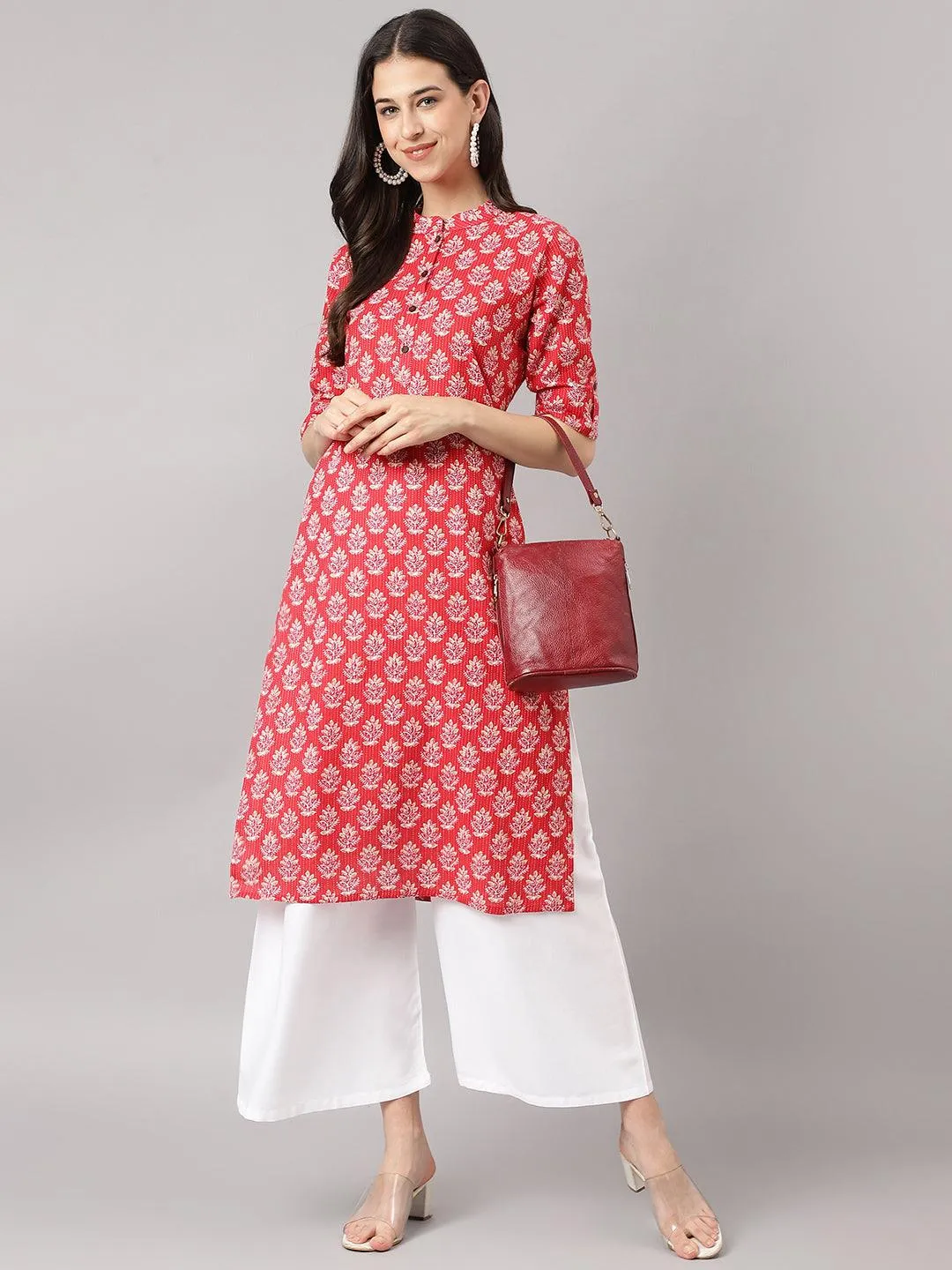 Red Cotton Katha Work Straight Kurta