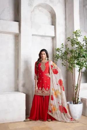 Royal Red Embellished Premium Silk Sharara Set