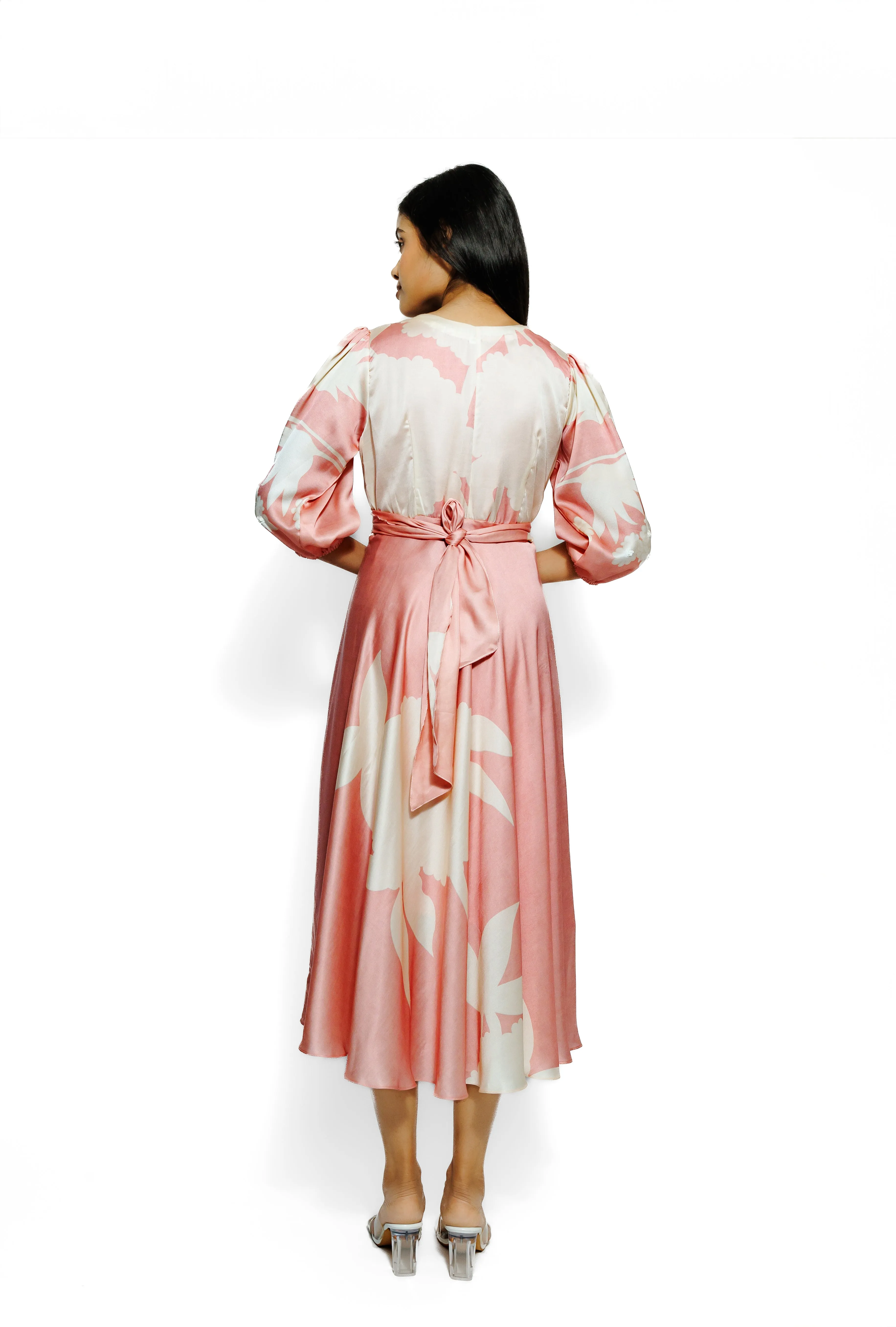 Soft Peach Floral Printed Cotton Satin Silk Cowl Dress