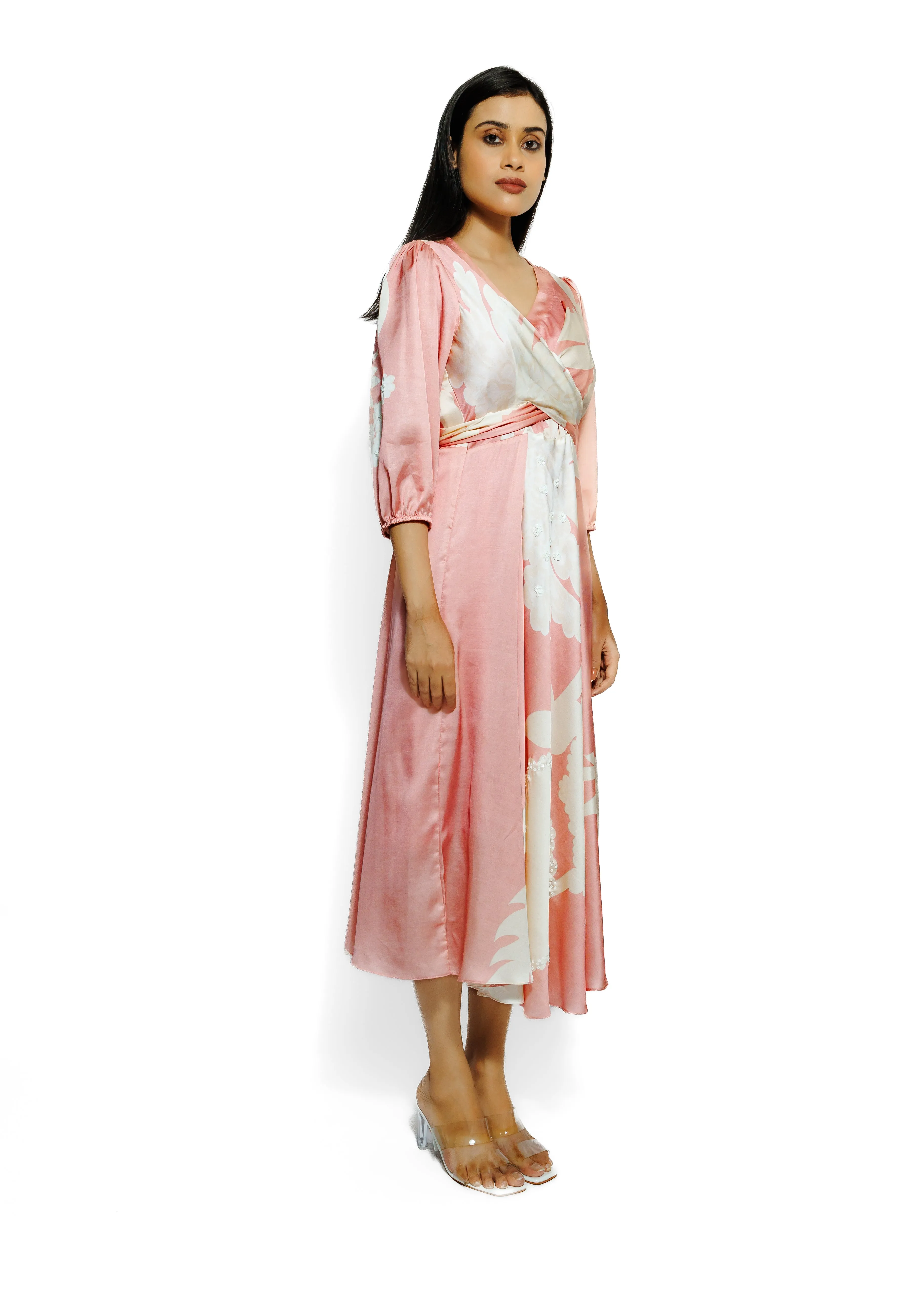 Soft Peach Floral Printed Cotton Satin Silk Cowl Dress