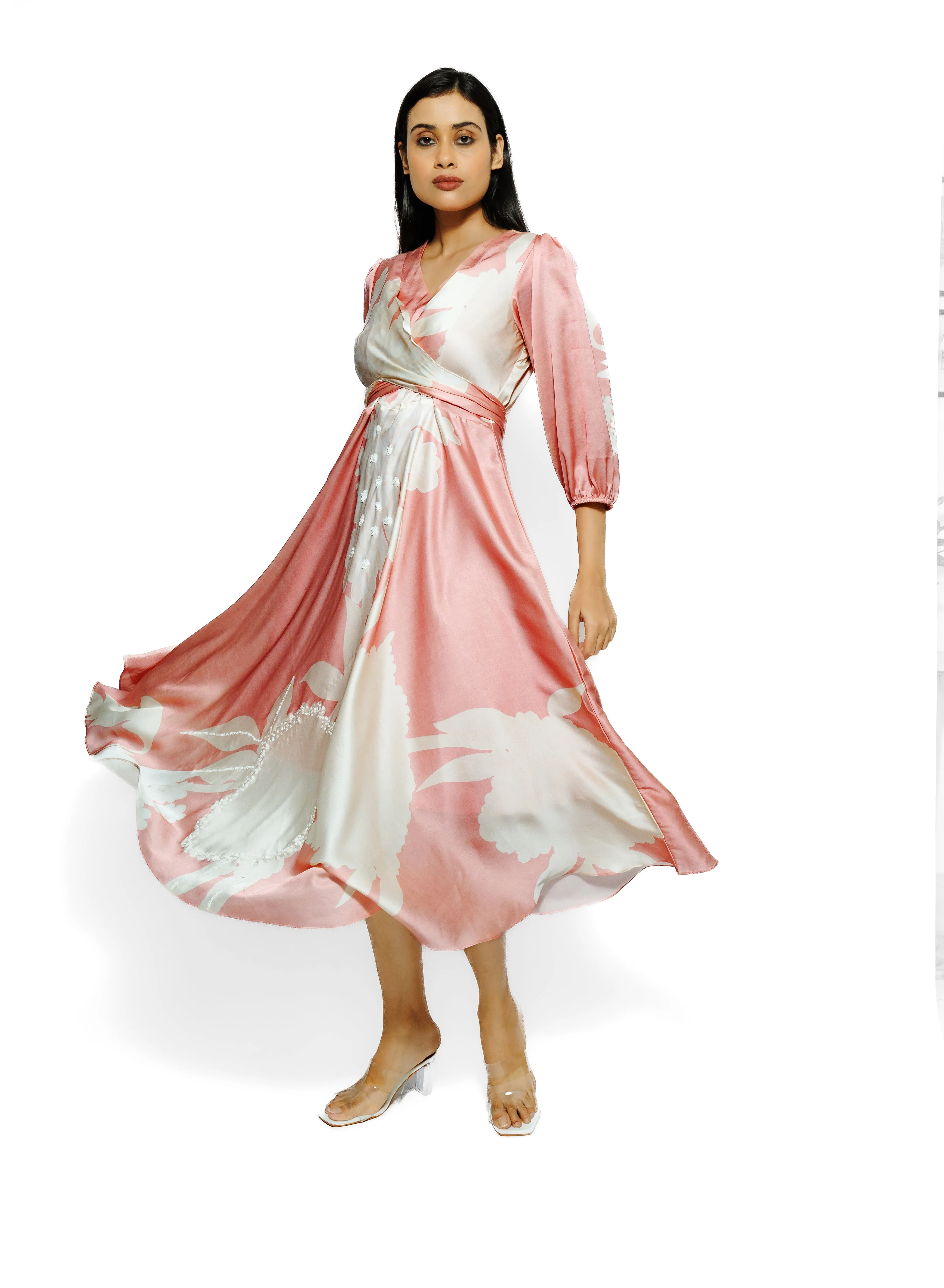 Soft Peach Floral Printed Cotton Satin Silk Cowl Dress