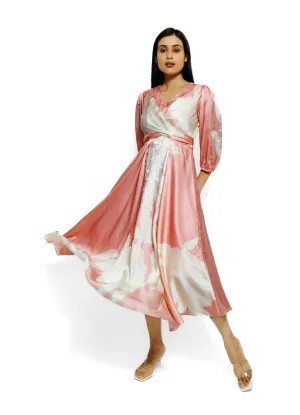 Soft Peach Floral Printed Cotton Satin Silk Cowl Dress