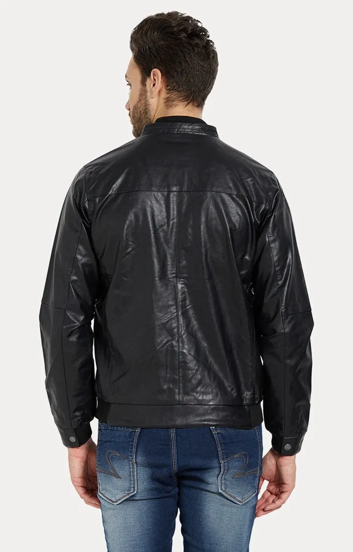 Spykar Men Black Solid Slim Fit Leather Jacket