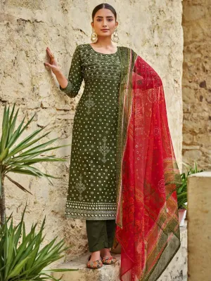 Unstitched Printed Green Cotton Salwar Suit Dress Material for Women