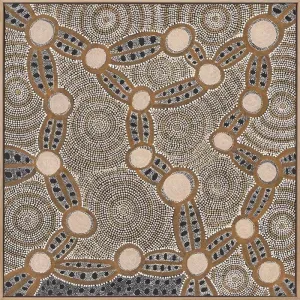 Wanakiji Jukurrpa (Bush Tomato Dreaming) Brown Canvas Art Print | Framed Oak